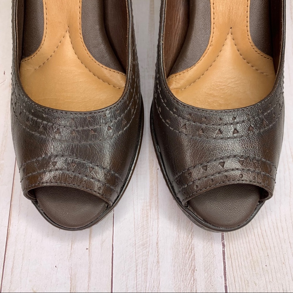Nurture Brown Peep Toe Leather Heels ‘Sally’ Pump Stitched Detail Open Toe Sz 6 - Picture 5 of 8